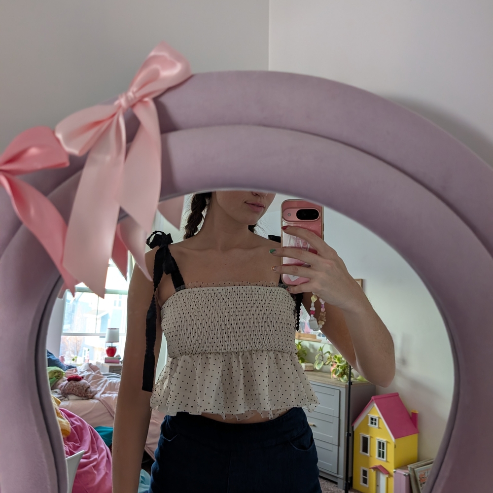 Cream Polka Dot Crop Top with Black Bow Straps Size Large